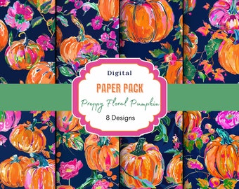 Carta digitale Preppy Floral Pumpkin/Spezie di zucca/Motivi di zucca/Motivo Preppy/Zucche autunnali/File senza soluzione di continuità/Motivo floreale