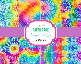 May include: Digital paper pack with 16 tie dye designs in rainbow colors. The text "Digital Paper Pack Rainbow Tie Dye 16 Designs" is on a pink banner.