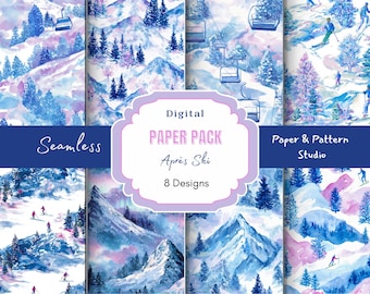 Après Ski Seamless Digital Paper Pack | Winter Watercolor Mountain & Ski Designs | Scrapbook Backgrounds for Journals, Crafts, Sublimation