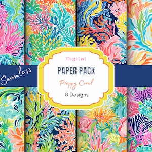 May include: A digital paper pack with 8 designs featuring a preppy coral theme. The designs are colorful and feature various coral patterns.
