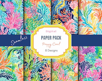 Preppy Coral Digital Paper | beach pattern | vacation pattern | Watercolor tropical pattern | beach coral | junk journal | Under the sea