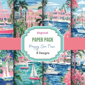 Preppy Sea Town Digitales Papier | Küsten Digitales Papier | Maritimes Muster | Digitales Papier | Segelboot-Insel | für Scrapbooking