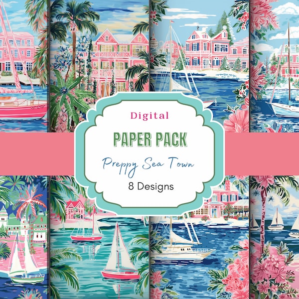 Preppy Sea Town Digital Paper | Coastal Digital Paper | Nautical pattern | Digital Scrapbook Paper | Preppy Sailboat Island | scrapbooking