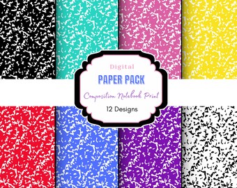 May include: A digital paper pack with 12 designs of composition notebook paper. The designs include black and white, red and white, blue and white, yellow and white, pink and white, green and white, purple and white.  The text on the image reads "Digital Paper Pack Composition Notebook Print 12 Designs".