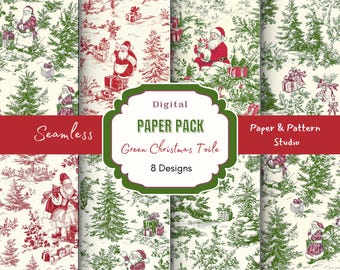Green Christmas Toile Digital Paper – Seamless Red & Green Holiday Backgrounds | Vintage Christmas Scrapbook Paper