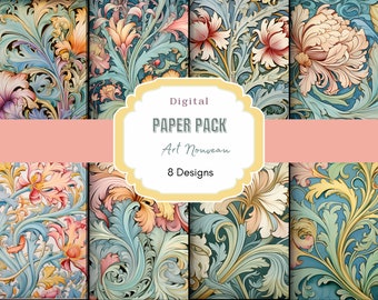 May include: Digital paper pack with 8 Art Nouveau designs. The designs feature intricate floral patterns in shades of blue, green, yellow, pink, and white.