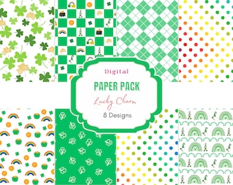 Lucky Charm Digital Papers | St. Patrick'S Digital Paper | Digital Design | St Patrick'S Day Patterns | Pot of Gold| Rainbow | Junk Journal