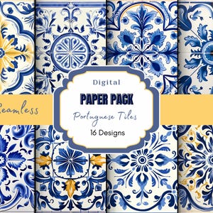 Pacchetto di carta digitale per piastrelle Azulejo portoghesi / Uso commerciale / Piastrelle blu e bianche / Piastrelle a mosaico / Album digitale / Sfondo colorato