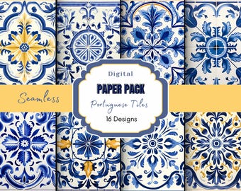 Portuguese Azulejo Tile Digital Paper Pack | Commercial Use | Blue and white tile | Mosaic Tile | Digital Scrapbook | Colorful Background