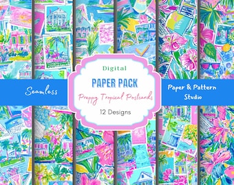 Preppy Tropical Postcards Digital Paper Pack – 12 Seamless Coastal Patterns | Pink Green Blue Scrapbook Paper