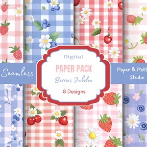 Beeren Digitales Papier, nahtlose Muster für Scrapbooking, niedliche Beeren Hintergrund-Designs, Gingham Hintergrund, Blumendruck