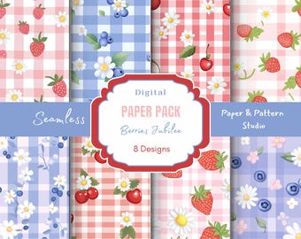 Berry Gingham Digital Paper: Seamless Scrapbook Patterns  (JPG, 300 DPI, 12x12 in)