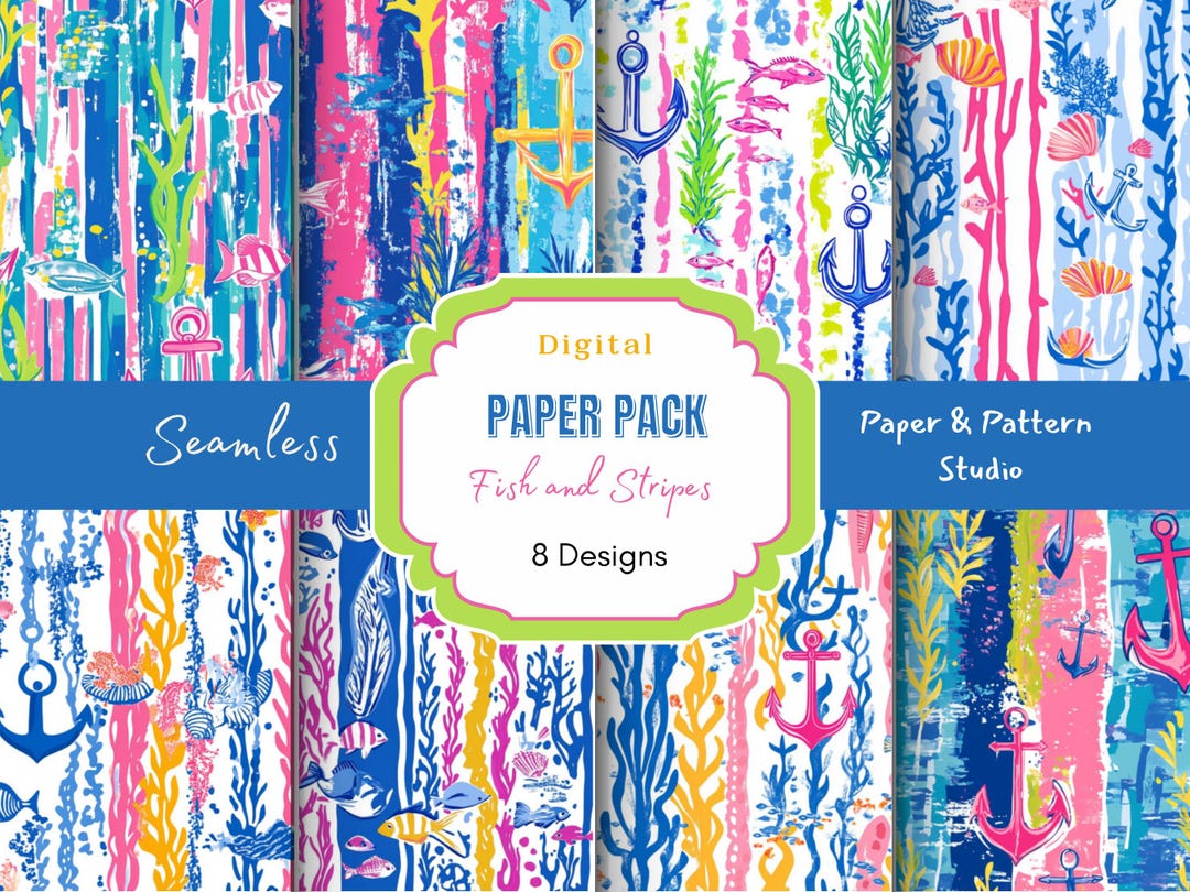 Fish Stripes Pattern Fish With Stripes Seamless Design, Marine Creatures Digital Paper ...