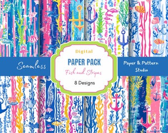 fish with stripes seamless design, marine creatures digital paper, ocean-themed background, printable patterns