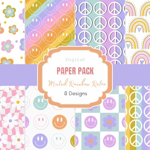 Regenbogen Retro Digitales Papier | Scrapbook Papier| Groovy Digital Paper| Retro Hintergrund| Pastell Retro | Boho Digital Papier| Retro Smiley Gesicht