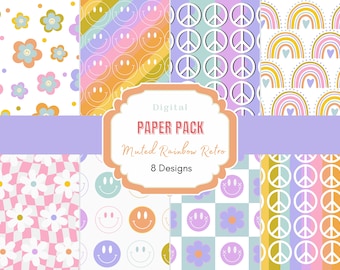 Carta digitale retrò arcobaleno / Carta per scrapbooking / Carta digitale groovy / Sfondo retrò / Retro pastello / Carta digitale boho / Faccina sorridente retrò