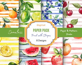 Fruit Stripe Seamless Digital Paper, Colorful Fruit Patterns for Scrapbooking, Instant Download, Craft Supplies