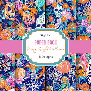 Preppy Bright Halloween Digital Paper |Spooky Season Print| Watercolor Skull Seamless | Preppy Halloween | Halloween Pattern | Junk Journal