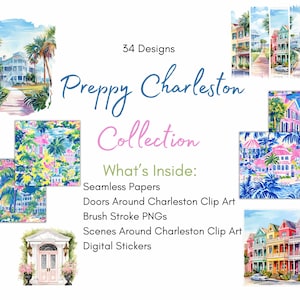 Preppy Charleston Clip Art | Bezszwowe papiery | Naklejki cyfrowe | Pociągnięcia pędzlem PNG | Wzory nadmorskie | Natychmiastowe pobieranie