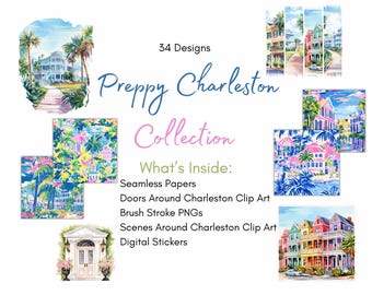 Preppy Charleston Clip Art | Seamless Papers | Digital Stickers | Brush Stroke PNGs | Coastal Designs  | Instant Download