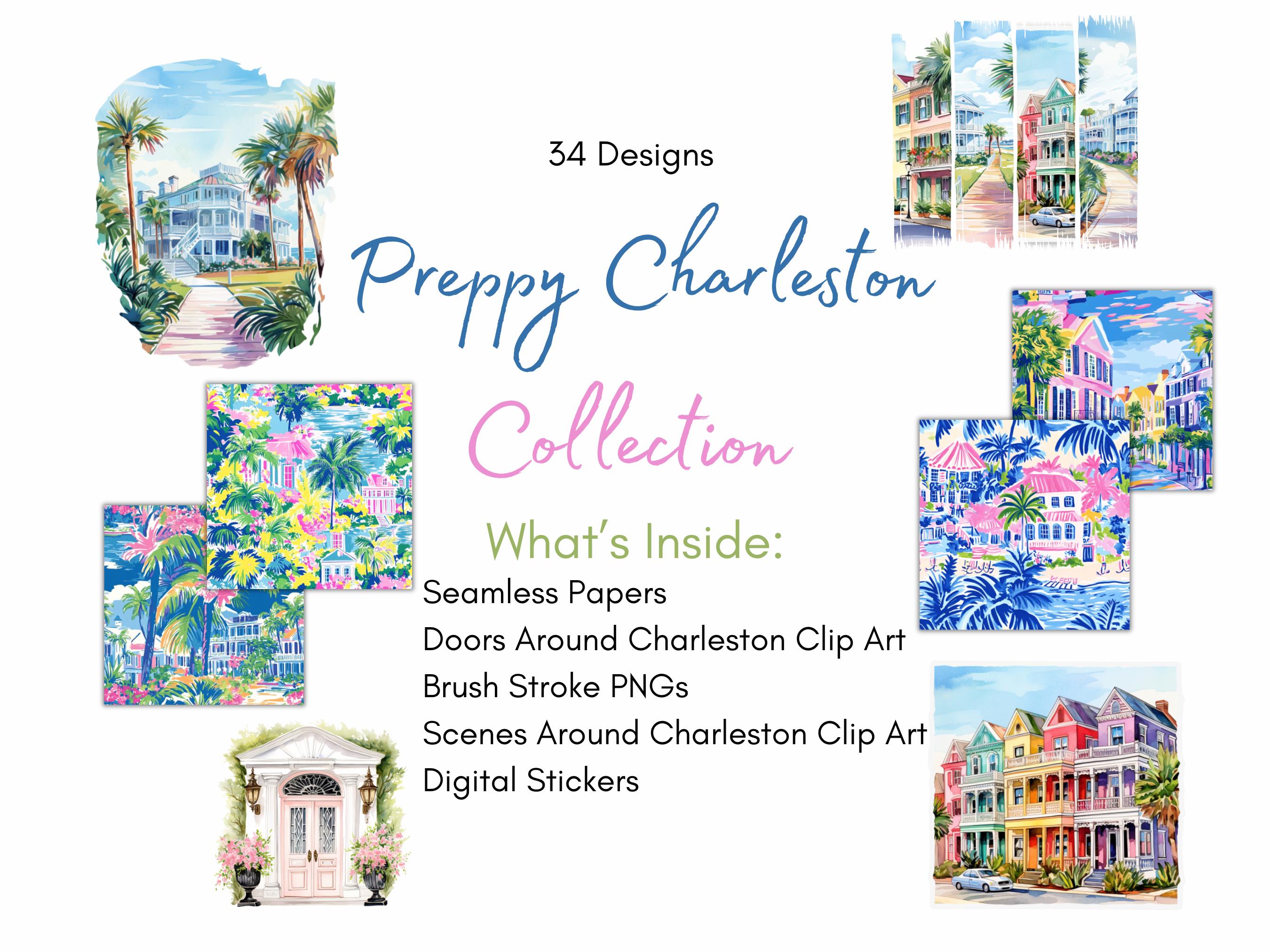 Preppy Charleston Clip Art | Seamless Papers | Digital Stickers | Brush Stroke PNGs | Coastal Designs  | Instant Download