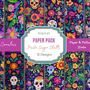 Fiesta Sugar Skull Digitales Papier - Nahtlose Tag der Toten Muster - Bunter Blumenschädel Hintergrund - Dia de Los Muertos druckbare Kunst