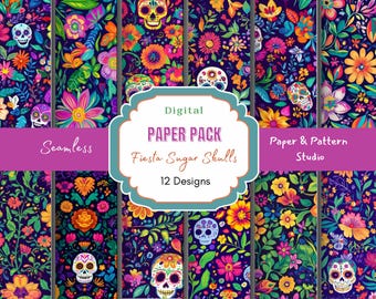 Fiesta Sugar Skull Digital Paper – Seamless Day of the Dead Patterns – Colorful Floral Skull Background – Dia de Los Muertos Printable Art
