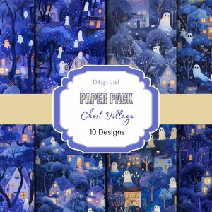 May include: A digital paper pack with 10 designs featuring a whimsical ghost village with blue and purple hues. The village is filled with houses, trees, and ghosts.