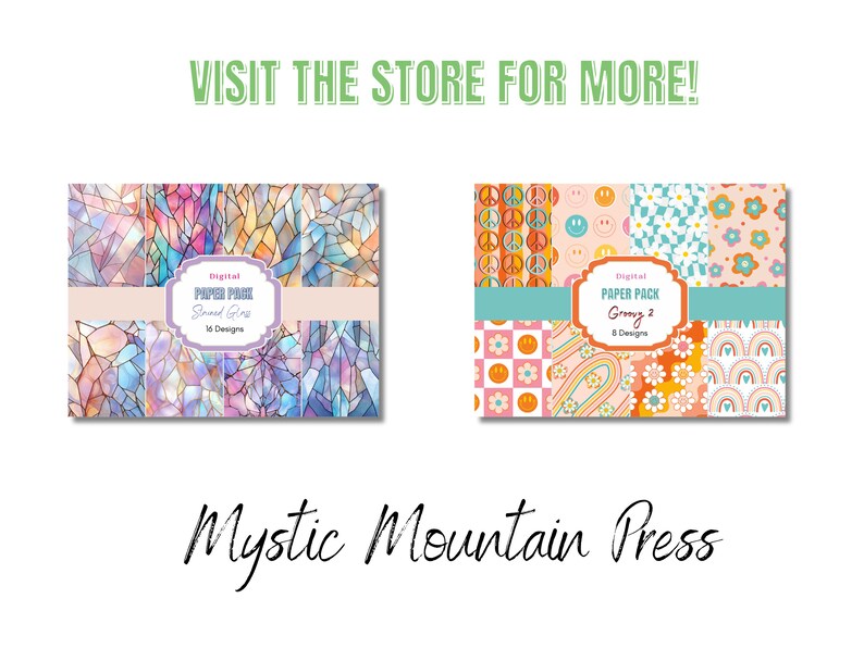 Puede incluir: Dos paquetes de papel digital para scrapbooking digital o manualidades. El primer paquete se llama "Stained Glass" y tiene 16 dise&ntilde;os. El segundo paquete se llama "Groovy 2" y tiene 8 dise&ntilde;os. Ambos paquetes presentan patrones coloridos y retro.