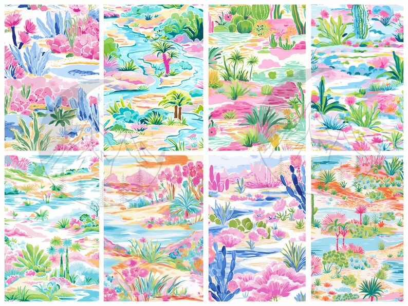 Puede incluir: Un patr&oacute;n sin costuras que presenta un paisaje des&eacute;rtico con cactus, palmeras y flores en tonos de rosa, verde, azul y amarillo. El patr&oacute;n es perfecto para telas, papel tapiz u otros proyectos decorativos.