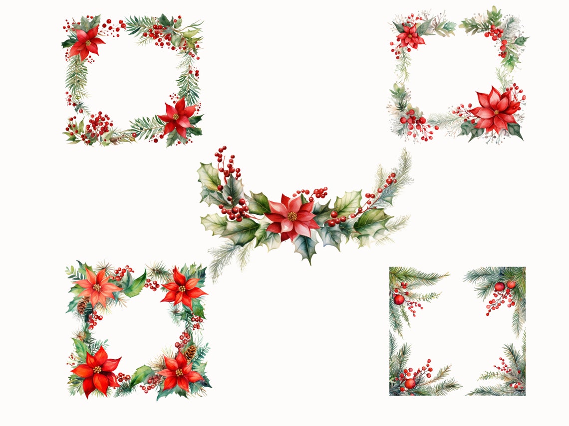 Christmas Frame Clip Art Floral Clipart Card Printable Winter Flowers ...