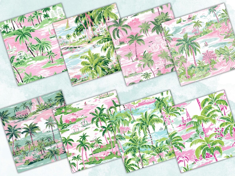 Preppy Pink and Green Palm Digital Paper | Palm Beach Pattern | Pink ...