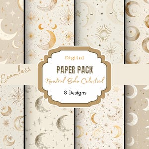 Neutraal Boho Celestial Digital-papier| Neutrale kleuren | Naadloos boho-bestand | Neutrale tinten | Zon- en maanpatroon | Sterrenpatroon | plakboek
