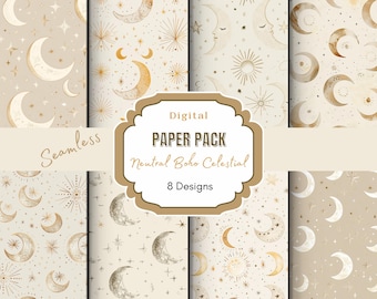 Papel digital bohemio celestial neutro/Colores neutros/Archivo bohemio sin costuras/Tonos neutros/Patrón de sol y luna/Patrón de estrellas/Álbum de recortes