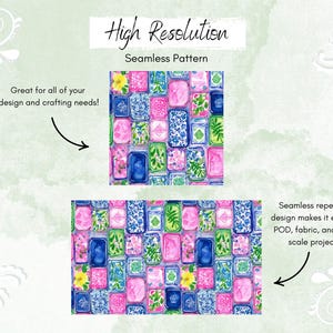 May include: A seamless pattern design featuring colorful, rectangular shapes with floral and geometric patterns in pink, blue, green, and yellow. Text reads "High Resolution Seamless Pattern". The design is suitable for various crafting projects.