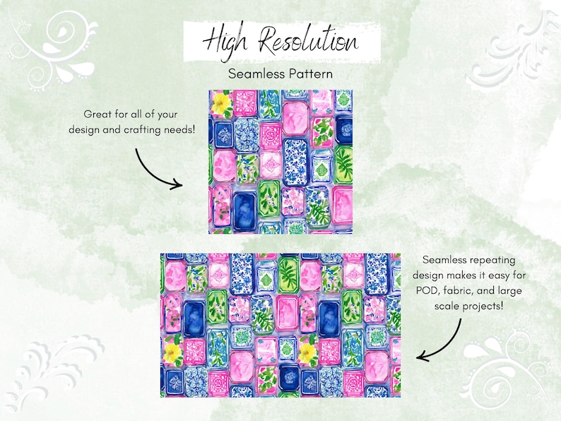 May include: A seamless pattern design featuring colorful, rectangular shapes with floral and geometric patterns in pink, blue, green, and yellow. Text reads "High Resolution Seamless Pattern". The design is suitable for various crafting projects.