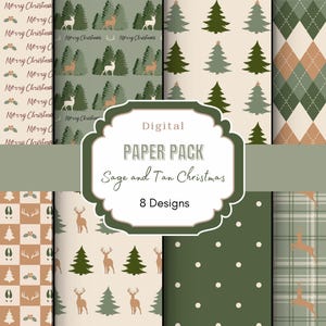 Sage Deer Christmas Digital Paper | Christmas Tree | Junk Journal | Digital Download | Christmas Print | Neutral Christmas | Beige Christmas