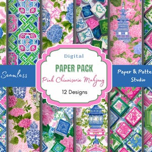 May include: A digital paper pack featuring 12 seamless designs with a pink Chinoiserie Mahjong theme. The patterns include floral arrangements, pagodas, and geometric shapes in shades of pink, blue, and green. The text reads "Digital Paper Pack" and "Paper & Pattern Studio."