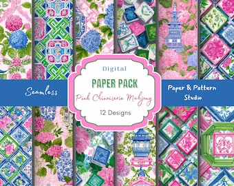 Mahjong Digital Paper Pack | Pink Chinoiserie Seamless Patterns | Preppy Mahjong Tiles Backgrounds | 12x12 Scrapbook Paper