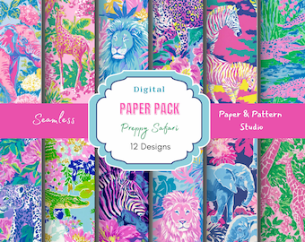 Preppy Safari Seamless Pattern Bundle, Tropical Animal Digital Paper Pack, Pink Palm Beach Jungle Prints for POD & Scrapbooking