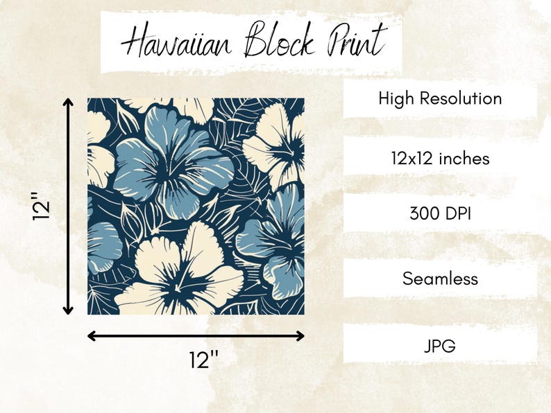 Information graphic showing a blue and cream hibiscus block print pattern labeled 12x12 inches, 300 DPI, seamless, and JPG format. Perfect for high-resolution digital and printable projects.