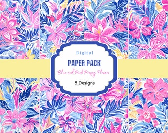 Watercolor Blue and Pink Flowers| Digital Papers | Preppy Patterns | Lilly Inspired Floral| Palm Beach | Instant Download | Vibrant Tropical