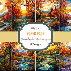 Witraż Jesienna Scena Cyfrowy Papier| Pobieranie Cyfrowe| Papier Do Dziennika| Podstawowy Papier Tła | Witraż Sublimacja