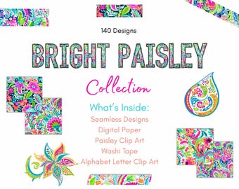 Bright Paisley Digital Paper Bundle – Seamless Patterns, Paisley Clipart, Washi Tape, Alphabet Letters, Scrapbooking & Planner PNG Kit