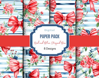 Papel digital con lazos de rayas rojas y azules / Patrón coqueto / Papel para álbum de recortes digital / Patrón de cinta / Papel digital con lazo / Shabby Chic