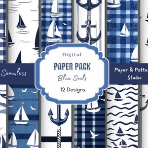 Diseño sin costuras de velas azules, fondo digital náutico, tela de velero, papel para scrapbooking, arte costero, estampado de pescador