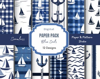 Blue Sails Nautical Digital Paper: Seamless Sailboat Design  (JPG, 300 DPI, 12x12 in)