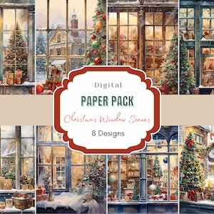 Scena di Natale su carta digitale / Decorazione natalizia per finestra / Scene di Natale allegre per finestra / Finestra di Natale accogliente