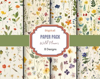 Könnte beinhalten: Digitales Papierpaket mit 8 Designs mit Aquarell-Illustrationen von Wildblumen in verschiedenen Farben auf cremefarbenem Hintergrund. Der Text "Digital Paper Pack Wild Flowers 8 Designs" ist auf einem braunen und blauen Etikett abgebildet.