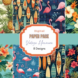 Paquete de papel digital hawaiano vintage / Uso comercial / Arte hawaiano / Hawaiano / Papel de álbum de recortes / Tropical / Estampados florales / Tablas de surf
